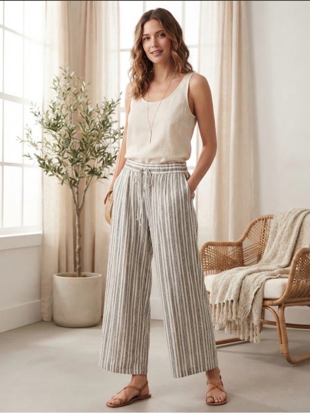 NWT Per Se Livin’ in Linen Striped Wide Leg Pants | Size M
